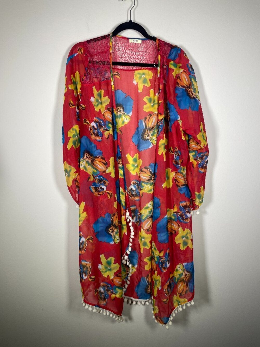 Kori Size 2XL Cardigan Kimono Red Floral Beach Cover-up Lace Pom Pom Women’s!
